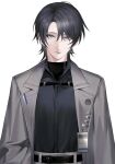  1boy absurdres black_hair black_shirt chest_strap chief_(path_to_nowhere) closed_mouth coat coat_on_shoulders collared_shirt earrings grey_coat grey_eyes highres id_card jewelry looking_at_viewer male_chief_(path_to_nowhere) male_focus medium_hair path_to_nowhere shirt simple_background solo toho10min upper_body white_background 