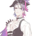  1boy black_choker black_eyeshadow blue_eyes blue_hair choker closed_mouth commentary eyeshadow feather_cape frilled_shirt frills gavis_bettel gavis_bettel_(2nd_costume) gimn grey_hair hair_between_eyes hat heterochromia highres holostars holostars_english looking_at_viewer makeup male_focus multicolored_hair pale_color pink_eyes pink_hair shirt short_hair simple_background sketch smile solo upper_body virtual_youtuber white_background 