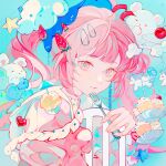 1girl animal bear blue_background cherry cirrika closed_mouth cloud colored_eyelashes cupcake curly_hair eyelashes food fork fruit heart highres holding holding_fork light_smile looking_at_viewer multiple_tails original pink_eyes pink_hair pink_sleeves plate ponytail puffy_sleeves smile sprinkles square star_(symbol) strawberry tail two_tails umbrella unicorn wispy_bangs 