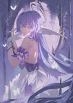  1girl aqua_eyes backless_dress backless_outfit bare_shoulders detached_sleeves dress floating_hair from_side gloves hair_between_eyes halo hand_up head_wings highres honkai:_star_rail honkai_(series) long_hair looking_at_viewer mirror parted_lips purple_dress purple_hair robin_(honkai:_star_rail) short_sleeves standing two-tone_dress white_dress white_gloves wings yoyogur 