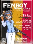  clothed clothing cover english_text fur gun hair hi_res holding_gun holding_object holding_ranged_weapon holding_rifle holding_weapon humanoid looking_at_viewer looking_pleasured magazine magazine_(gun) magazine_cover male meme ranged_weapon rifel smile solo standing text votmelon weapon 