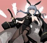  1girl animal_ears bare_shoulders black_coat black_gloves black_hairband black_leotard blue_hair blush breasts brown_legwear bunny_ears carrot clenched_teeth coat coat_on_shoulders covered_navel fake_animal_ears fake_tail feet_out_of_frame floating_hair gloves gogalking hairband half_gloves hands_up highres holding holding_sword holding_weapon leotard long_hair looking_at_viewer original pantyhose playboy_bunny portia_(gogalking) purple_eyes small_breasts solo standing sweatdrop sword tail teeth twintails two-sided_coat weapon wide-eyed wrist_cuffs 