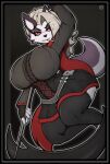  anthro big_breasts bottomwear breasts canid canine canis cigarette cigarette_in_mouth clothing costume female grey_hair hair helluva_boss hi_res loona_(helluva_boss) mammal object_in_mouth skirt solo tail weapon white_eyes wolf zak_hitsuji 