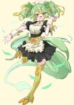  1girl dragon_girl dragon_tail dragon_wings duel_monster fang full_body green_hair green_tail green_thighhighs green_wings highres jigenshin long_hair looking_at_viewer low_wings maid maid_headdress no_nose parlor_dragonmaid solo tail thighhighs twintails wings wrist_cuffs yellow_eyes yu-gi-oh! 