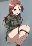  1girl absurdres bdsm blush bondage bound breasts grey_background highres large_breasts long_hair looking_at_viewer military_uniform minna-dietlinde_wilcke open_mouth red_eyes red_hair restrained shibari simple_background solo strike_witches tied_up_(nonsexual) tokiani uniform world_witches_series 