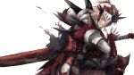  1boy ankoro_mochi arknights armor breasts brown_eyes fake_horns fighting_stance forehead_protector grey_hair grin highres horns male_focus medium_breasts noir_corne_(arknights) official_alternate_costume rathalos_(armor) rathalos_s_noir_corne_(arknights) ready_to_draw sheath sheathed shoulder_spikes smile solo spikes sword weapon white_background 