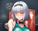  1girl alternate_breast_size black_bow black_bowtie blush bob_cut bow bowtie breasts cleavage green_eyes green_one-piece_swimsuit grey_hair half-closed_eyes headband indoors kaeru_no_uta konpaku_youmu large_breasts one-piece_swimsuit short_hair solo swimsuit touhou touhou_tag_dream wrestling_outfit wrestling_ring 