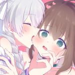  2girls @_@ bang_dream! biting blush braid brown_hair cheek_biting choker closed_eyes commentary_request green_choker green_eyes hand_on_another&#039;s_chin heart highres long_hair meu203 multiple_girls nerv open_mouth pink_background ribbon short_hair simple_background teeth upper_body wakamiya_eve white_hair white_ribbon yamato_maya yuri 