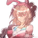  1girl animal_ears artist_request bare_shoulders braid braided_ponytail breasts brown_hair collarbone commission douluo_dalu dress dress_straps hair_tie highres long_hair medium_breasts parted_lips pink_eyes purple_dress rabbit_ears second-party_source sidelocks solo upper_body white_background xiao_wu_(douluo_dalu) 