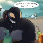  1:1 2024 anthro artist_name beach beverage big_butt big_tail biped black_body blue_body butt countershade_fur countershade_torso countershading curvy_female english_text female fish fur furred_shark generation_3_pokemon gills heart_symbol hi_res lifeguard_swimsuit lifeguard_tower looking_at_another looking_back looking_back_at_another male marine mischievous_smile mudkip muscular muscular_anthro muscular_male nintendo phosenpai pokemon pokemon_(species) red_eyes shark sharp_teeth short_stack speech_bubble tail teeth text yellow_sclera 