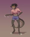  anthro arm_spikes ashe_colter bethesda_softworks bottomwear brown_body brown_scales claws clothing deathclaw fallout fangs femboy finger_claws gradient_background hand_on_hip heart_sunglasses hi_res horn hotpants kadzukai limp_wrist looking_at_viewer male microsoft midriff pupils reptile scales scalie shirt shorts shoulder_spikes simple_background slit_pupils solo spikes spikes_(anatomy) teeth tied_shirt toe_claws topwear 