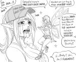  2020 2020_us_election 2girls baseball_cap bb_(baalbuddy) breasts cleavage clothes_writing crying crying_with_eyes_open elf english_text fairy fairy_wings greyscale hat highres large_breasts long_hair make_america_great_again minigirl monochrome multiple_girls original pointy_ears politics ponytail profanity qanon shorts snot speech_bubble tears wings 