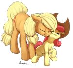  apple_bloom_(mlp) applejack_(mlp) blonde_hair clothing cutie_mark duo earth_pony equid equine eyes_closed female feral friendship_is_magic hair hasbro hat headgear headwear hi_res horse inner_ear_fluff mammal mricantdraw my_little_pony nuzzling orange_body pony ponytail red_hair sibling sister sisters tuft yellow_body young 