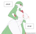  1girl breasts gardevoir green_hair highres lactation luxu navel nipples pokemon red_eyes solo standing stomach thighs 