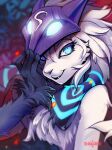 anthro bedroom_eyes black_body black_fur blue_eyes female fur glowing glowing_markings kindred_(lol) lamb_(lol) league_of_legends looking_at_viewer markings mask mask_lift narrowed_eyes riot_games seductive silverdeni smile snaggle_tooth solo solo_focus tencent white_body white_fur