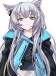  1girl :&lt; absurdres animal_ear_fluff animal_ears arknights black_gloves cat_ears cat_girl clothes_writing fingerless_gloves gloves green_eyes grey_hair highres holding infection_monitor_(arknights) jacket kiwicci long_hair looking_at_viewer rosmontis_(arknights) solo white_background white_hair 