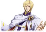  1boy artist_request blonde_hair blue_eyes cloak code_geass code_geass:_lost_stories cropped_torso game_cg hair_between_eyes half-closed_eyes hands_up highres long_sleeves looking_at_viewer male_focus non-web_source official_art parted_lips purple_robe robe schneizel_el_britannia short_hair sidelocks simple_background smile solo teeth transparent_background upper_body white_cloak 