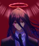  1boy black_hair black_neckwear black_suit blood bullet_hole collared_shirt crosshair_pupils danganronpa dripping expressionless formal hair_between_eyes halo highres jacket kamukura_izuru long_hair looking_at_viewer male_focus necktie pink_blood qige red_background red_eyes shirt simple_background solo spoilers suit super_danganronpa_2 