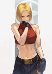  1girl absurdres aqua_eyes bare_arms bare_shoulders belt black_gloves black_pants blonde_hair blue_mary breasts closed_mouth commentary cowboy_shot crop_top fatal_fury fingerless_gloves forehead gloves hand_on_own_face hara_kenshi highres lips looking_at_viewer medium_breasts navel pants short_hair solo star_(symbol) stomach the_king_of_fighters toned v-shaped_eyebrows 