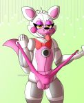  animatronic anthro bobby2boi bow_tie bulge canid canine clothing five_nights_at_freddy&#039;s funtime_foxy_(fnaf) looking_at_viewer machine male mammal robot signature simple_background sister_location solo teeth thong tongue tongue_out underwear video_games white_body yellow_eyes 