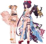  2girls abigail_williams_(fate/grand_order) bangs bare_shoulders beads belt bikini black_bikini black_bow black_skirt blonde_hair blue_eyes blush bow bracelet breasts cleavage collarbone double_bun emerald_float fate/grand_order fate_(series) floral_print forehead frilled_bikini frills goggles goggles_on_head hair_ornament hakusai_(tiahszld) jewelry katana katsushika_hokusai_(fate/grand_order) katsushika_hokusai_(swimsuit_saber)_(fate) long_hair looking_at_viewer medium_breasts microskirt multiple_bows multiple_girls navel obi octopus orange_bow parted_bangs polka_dot polka_dot_bow purple_hair sash sidelocks skirt small_breasts swimsuit sword thigh_strap thighs tokitarou_(fate/grand_order) weapon white_bikini 