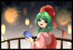  1girl fireworks front_ponytail hair_ribbon highres japanese_clothes kagiyama_hina kimono looking_at_viewer looking_back open_mouth pink_kimono red_ribbon ribbon smile solo touhou twitter_username upper_body yadoyuki 