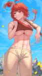  1girl abs absurdres blue_sky breasts clothes_lift collarbone commission eyelashes highres long_braid long_hair muscular muscular_female navel original pants rabbit red_eyes red_hair red_tank_top rushian shirt_lift skeb_commission sky smile solo staff sweat tank_top underboob 