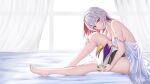  1girl bare_arms bare_legs bare_shoulders barefoot colored_inner_hair commentary curtains dealesis hair_ornament highres honkai:_star_rail honkai_(series) multicolored_hair numby_(honkai:_star_rail) purple_eyes red_hair sitting strap_slip topaz_(honkai:_star_rail) trotter_(honkai:_star_rail) white_hair zzz 