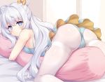  +_+ 1girl ass azur_lane bangs blue_eyes blue_leotard blush breasts double_bun frilled_leotard frills hair_ribbon le_malin_(azur_lane) leotard long_hair looking_at_viewer looking_back pantyhose pillow pillow_hug ribbon small_breasts solo thighband_pantyhose white_hair white_legwear yamasan 