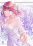  1girl bare_shoulders blue_eyes blue_nails blush breasts bride butterfly_hair_ornament cleavage closed_mouth collarbone dress falling_petals feathers go-toubun_no_hanayome hair_ornament highres medium_breasts multicolored_nails nail_polish nakano_nino petals pink_nails reaching reaching_towards_viewer red_hair shimoyuki short_hair solo strapless strapless_dress wedding_dress white_dress 