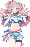  bare_shoulders blush breasts choker crop_top highres irukaneko long_hair looking_at_viewer midriff momoi_airi navel off_shoulder one_eye_closed pink_hair project_sekai ribbon smile solo two_side_up white_background wrist_cuffs 