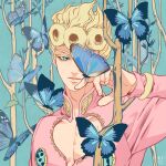  1boy banysun blonde_hair blue_eyes branch bug butterfly butterfly_on_hand cleavage_cutout clothing_cutout colored_eyelashes giorno_giovanna jojo_no_kimyou_na_bouken long_sleeves male_focus one_eye_covered pectoral_cleavage pectorals solo upper_body vento_aureo 