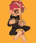  1boy agent_8_(splatoon) alternate_costume anklet barefoot black_hoodie black_pants blush_stickers chopsticks commentary cup cup_ramen eating food_in_mouth full_body holding holding_chopsticks holding_cup hood hood_down hoodie indian_style jewelry looking_to_the_side male_focus octoling_boy octoling_player_character orange_background orange_eyes outline pants print_hoodie red_hair short_hair sitting solo splatoon_(series) splatoon_2 splatoon_2:_octo_expansion suction_cups tentacle_hair thick_eyebrows white_outline ze090 