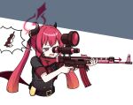  1girl belt black_belt black_shirt blue_archive commentary curled_horns dango demon_girl demon_horns fang food grey_background gun hair_between_eyes halo hands_up holding holding_gun holding_weapon horns junko_(blue_archive) long_hair nanju_bami open_mouth red_eyes red_hair red_halo rifle shirt short_sleeves simple_background solo speech_bubble straight_hair tears twintails two-tone_background upper_body v-shaped_eyebrows very_long_hair wagashi wavy_mouth weapon white_background 