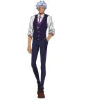  1boy belt blue_hair brown_footwear character_request collared_shirt dark-skinned_male dark_skin facial_mark full_body hand_in_pocket highres long_sleeves mashle necktie official_art purple_necktie shirt short_hair solo tachi-e transparent_background white_shirt 