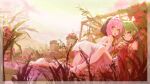  2girls absurdres all_fours bare_legs bare_shoulders barefoot black_hair dress flower grass green_eyes green_hair highres looking_at_viewer mocha_(osu!) mouth_hold multicolored_hair multiple_girls nepperoni osu! outdoors pink_hair pippi_(osu!) plant potted_plant red_dress red_eyes ribbon ribbon_in_mouth short_hair twintails twitter_username two-tone_hair white_dress yuri 