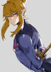  1boy ass bdsm blue_eyes bondage bound bound_wrists closed_mouth earrings from_side hair_bun jewelry leopardtiger link looking_at_viewer pointy_ears restrained rope sheikah sidelocks simple_background skin_tight solo the_legend_of_zelda the_legend_of_zelda:_breath_of_the_wild toned toned_male 