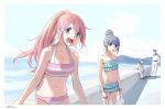  2boys 2girls :d alternate_hairstyle bag bikini blue_bikini blue_eyes blue_hair blue_sailor_collar blue_sky border cloud dated day frilled_bikini frills grocery_bag hat holding horikou horizon kagamihara_nadeshiko looking_at_viewer military military_uniform multiple_boys multiple_girls navel ocean open_mouth outdoors pink_bikini pink_hair ponytail purple_eyes real_life sailor sailor_collar sailor_hat shima_rin shopping_bag signature sky smile soldier soviet_navy standing striped striped_bikini swimsuit uniform white_border yurucamp 