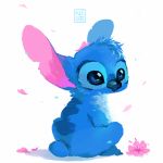  1:1 2019 alien back_markings blue_body blue_claws blue_fur blue_nose claws disney experiment_(lilo_and_stitch) flower flower_petals fur head_tuft hi_res hibiscus kleoite lilo_and_stitch looking_away markings petals plant simple_background sitting small_tail solo stitch_(lilo_and_stitch) tuft white_background 