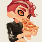  1boy agent_8_(splatoon) asymmetrical_sleeves black_shirt commentary crop_top eating fangs food food_in_mouth food_on_face holding holding_food holding_pizza male_focus midriff navel octoling_boy octoling_player_character orange_eyes pepperoni pizza pizza_slice red_hair shirt short_hair solo splatoon_(series) splatoon_2 splatoon_2:_octo_expansion suction_cups tentacle_hair thick_eyebrows uneven_sleeves upper_body white_background ze090 