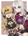  2girls :p black_choker blonde_hair choker cleavage_cutout closed_eyes clothing_cutout commentary_request eyewear_on_head hair_between_eyes honkai_(series) honkai_impact_3rd midriff multiple_girls purple_eyes restrained short_shorts shorts simple_background songque_(honkai_impact) sweat thelema_(honkai_impact) thigh_strap tongue tongue_out white_hair yunonoko yuri 