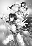  2girls armor armored_boots ayra_(fire_emblem) black_hair boots breastplate fire_emblem fire_emblem:_genealogy_of_the_holy_war gloves greyscale holding holding_sword holding_weapon larcei_(fire_emblem) long_hair monochrome mother_and_daughter multiple_girls open_mouth rakusai_(saisai_garou) serious sheath short_hair shoulder_armor sidelocks sword tomboy tunic weapon 