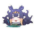  1girl :d =_= blush bow_(bhp) cthulhu cthulhu_mythos drawing ear_wiggle facing_viewer holding hololive hololive_english lying ninomae_ina&#039;nis on_stomach open_mouth pointy_ears purple_hair simple_background smile solo tentacle_hair tentacles white_background 