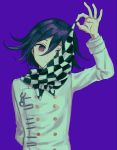  1boy arm_behind_back arm_up bangs checkered checkered_neckwear checkered_scarf closed_mouth danganronpa hair_between_eyes highres long_sleeves male_focus neckwear_lift new_danganronpa_v3 ouma_kokichi purple_background purple_eyes purple_hair renshu_usodayo scarf simple_background solo straitjacket 