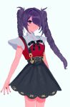  1girl ame-chan_(needy_girl_overdose) black_ribbon black_skirt closed_mouth collared_shirt cowboy_shot drill_hair hair_over_one_eye long_hair looking_at_viewer neck_ribbon needy_girl_overdose official_alternate_hairstyle purple_eyes purple_hair red_shirt ribbon shirt simple_background skirt solo standing suspender_skirt suspenders twin_drills twintails white_background yumeno_(yume0601) 