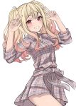  1girl absurdres arms_up blonde_hair blush breasts double_v dress grin hands_up highres hinato1710 long_hair long_sleeves looking_at_viewer plaid plaid_dress plaid_skirt project_sekai red_eyes shirt skirt smile solo tenma_saki twintails v white_background 
