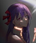  1girl absurdres bangs blood blood_on_face chain collar fate/grand_order fate_(series) from_side glowing hair_between_eyes hair_ribbon highres jenmin12 long_hair looking_at_viewer looking_to_the_side matou_sakura metal_collar purple_eyes purple_hair ribbon solo_focus 