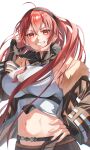  1girl absurdres aged_up ahoge black_hairband blush breasts crossed_bangs eris_greyrat fur-trimmed_jacket fur_trim grin hair_between_eyes hairband hand_on_own_hip hand_up highres jacket large_breasts long_hair looking_at_viewer mushoku_tensei navel official_alternate_costume open_mouth red_eyes red_hair saico_isshin smile solo very_long_hair 