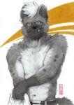  2024 anthro clothed clothing eyewear fur glasses graphite_(artwork) hair hi_res hyena lifewonders live_a_hero looking_at_viewer male mammal monochrome multicolored_body multicolored_fur navel pencil_(artwork) roiker solo spotted_hyena topless topless_anthro topless_male toronoekaki traditional_media_(artwork) 