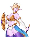 armor artwithmoira blonde_hair blue_eyes bulge clothing crown elf etheryn female gynomorph hair headgear humanoid humanoid_pointy_ears intersex melee_weapon not_furry polearm purple_body shield smile smiling_at_viewer solo spear translucent translucent_clothing weapon